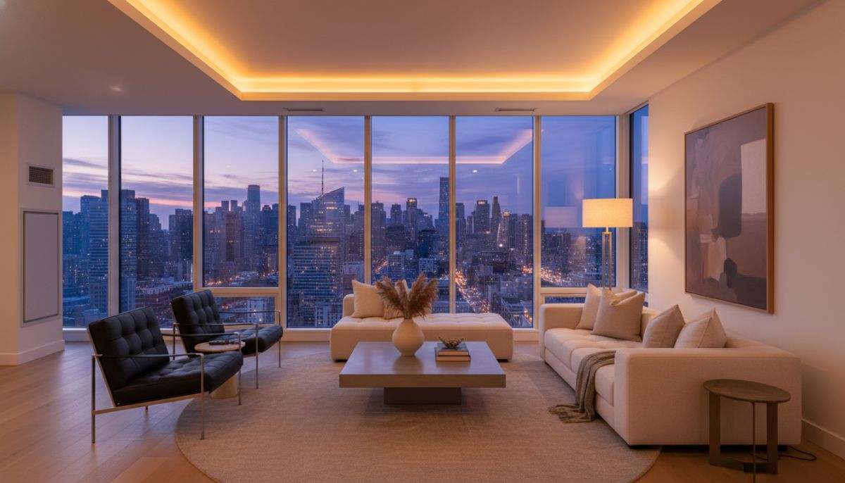 A bright and spacious modern condo living room with floor-to-ceiling windows overlooking a vibrant city skyline at dusk, featuring elegant minimalist furniture and warm ambient lighting.