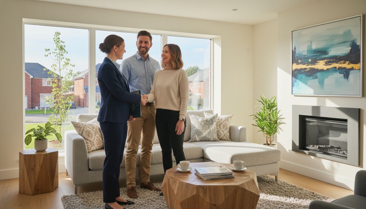 A professional estate agent shaking hands with a smiling couple in a bright, modern living room, with a view of a suburban neighborhood through the window, warm and welcoming atmosphere.