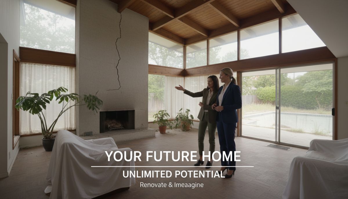 A professional real estate agent showing a modern but slightly neglected house to a couple, focusing on the potential of the property, high-quality architectural photography style.