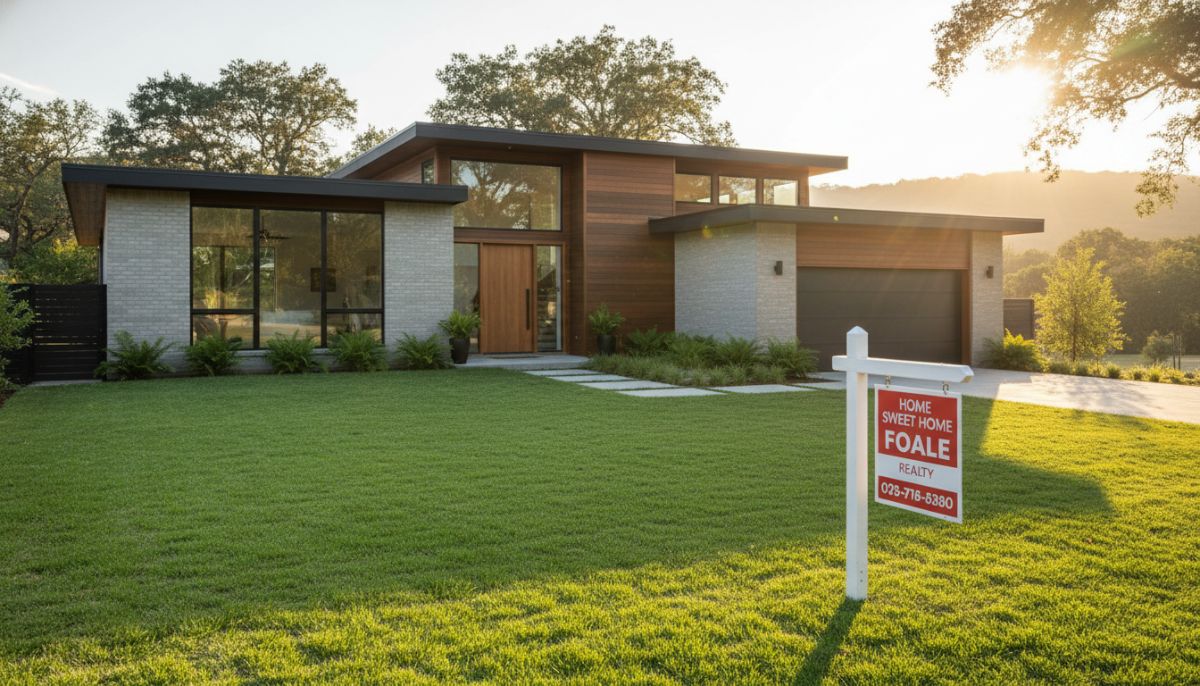 A cozy modern suburban house with a well-manicured lawn and a 'For Sale' sign in the foreground, golden hour lighting, cinematic photography style.