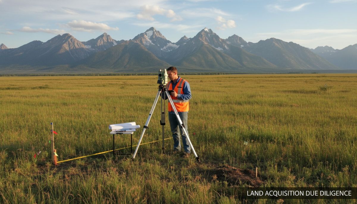 A professional surveyor in a bright vest using a total station on a large, grassy field with mountains in the background, representing the due diligence process of land buying.