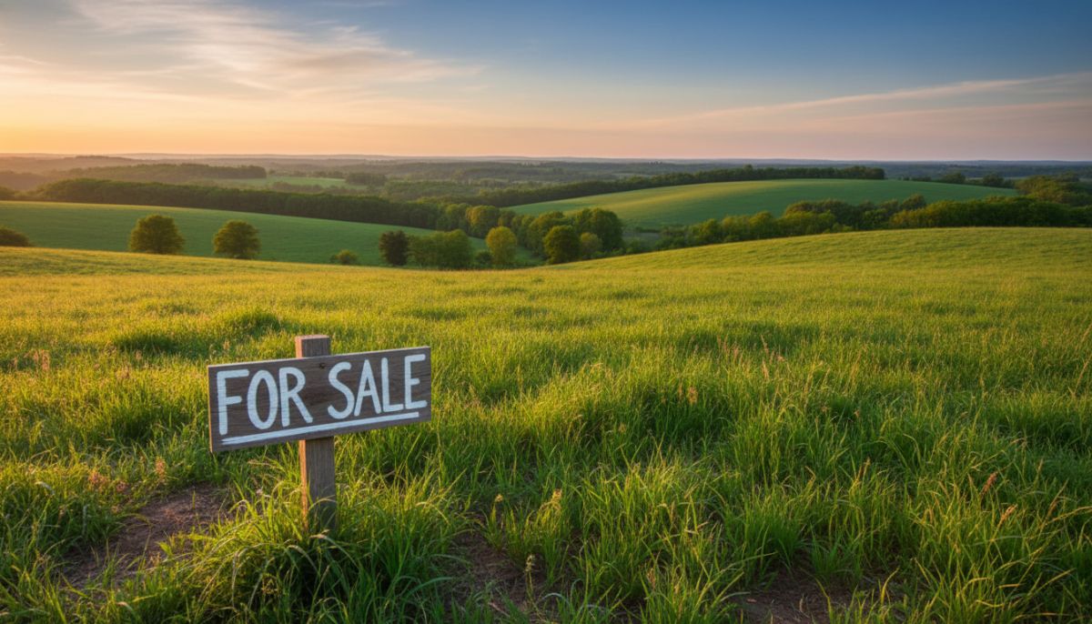 A wide-angle landscape photograph of a lush green meadow during the golden hour, with a wooden 'For Sale' sign standing in the foreground. In the background, rolling hills and a clear blue sky create a sense of peace and potential. High-resolution, cinematic lighting, realistic style.