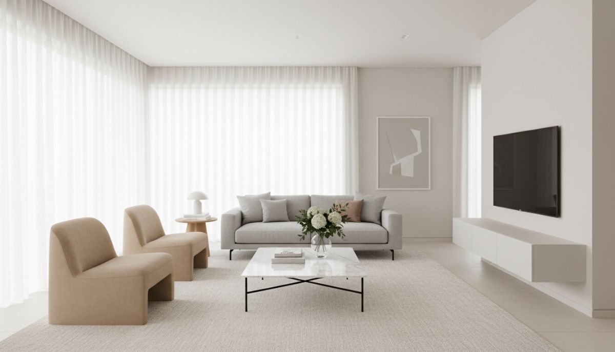 A bright, modern living room professionally staged for an open house, featuring neutral tones, minimalist furniture, large windows with natural light, and a small vase of fresh flowers on a coffee table.