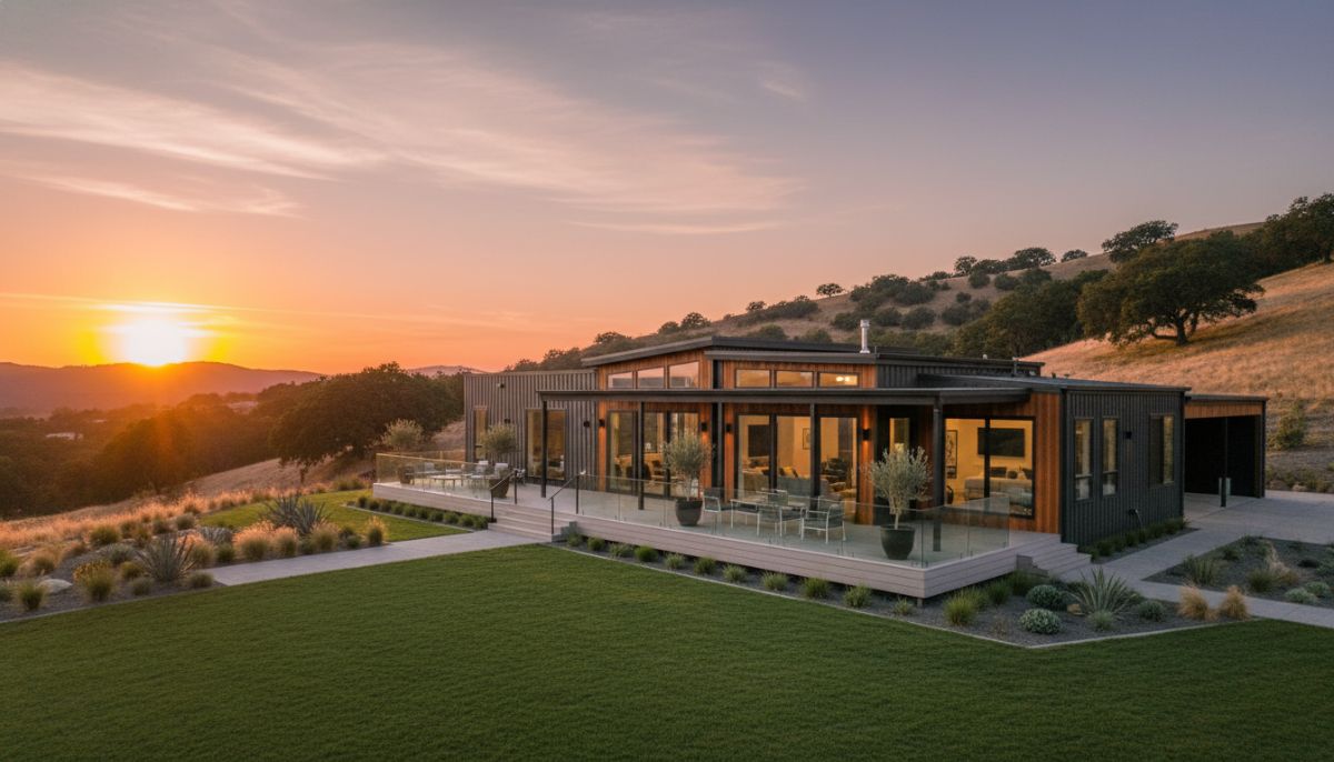 A wide-angle shot of a luxury modern double-wide mobile home with a large porch, manicured lawn, and large windows during golden hour sunset.