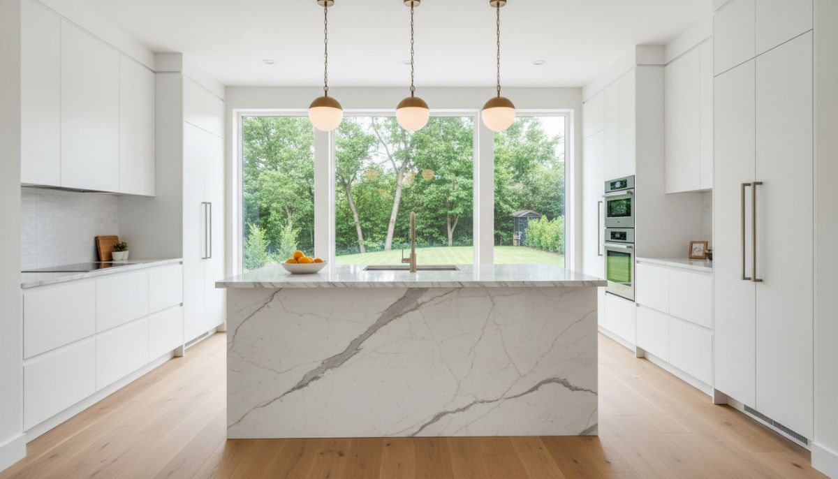 A professional photograph of a bright, contemporary open-concept kitchen inside a newly constructed home, featuring white cabinetry, a large marble island, and pendant lighting with large windows showing a green backyard.