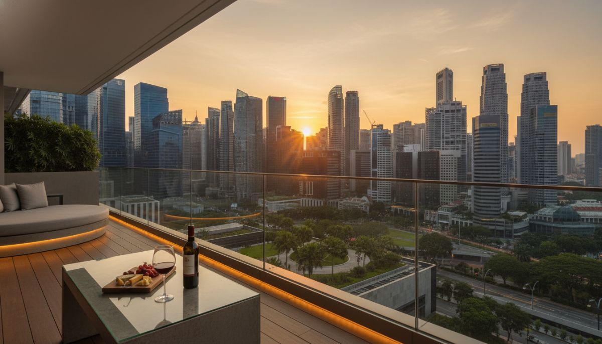 A high-end luxury apartment balcony overlooking the Orchard Road skyline during sunset, with a glass of wine on a modern table and soft ambient lighting, showcasing the blend of urban density and architectural elegance.
