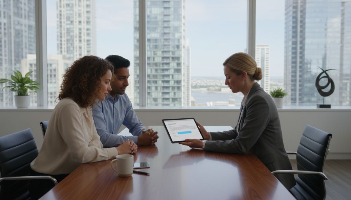 A professional real estate agent sitting at a polished wooden table with a diverse couple, reviewing a digital contract on a tablet in a bright, modern office with city views through large windows, high-end corporate lifestyle photography style