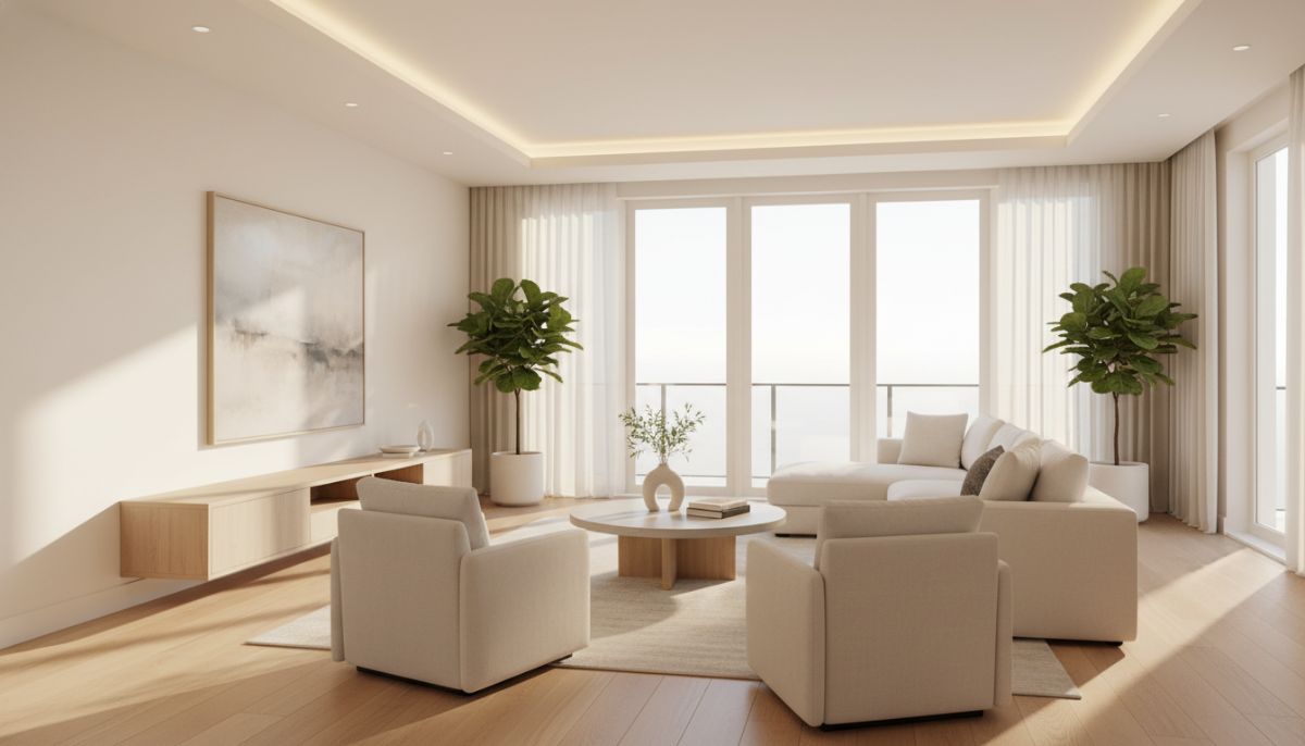 A bright and spacious modern living room with neutral-colored walls, minimalist furniture, and large windows allowing soft natural sunlight to fill the space, illustrating a perfectly staged home for sale.